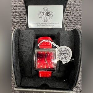 T006. SUG Red Automatic Mens Watch, Leather Strap. Pristine Condition